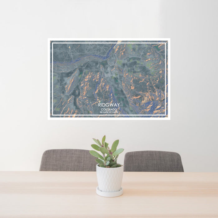 24x36 Ridgway Colorado Map Print Lanscape Orientation in Afternoon Style Behind 2 Chairs Table and Potted Plant
