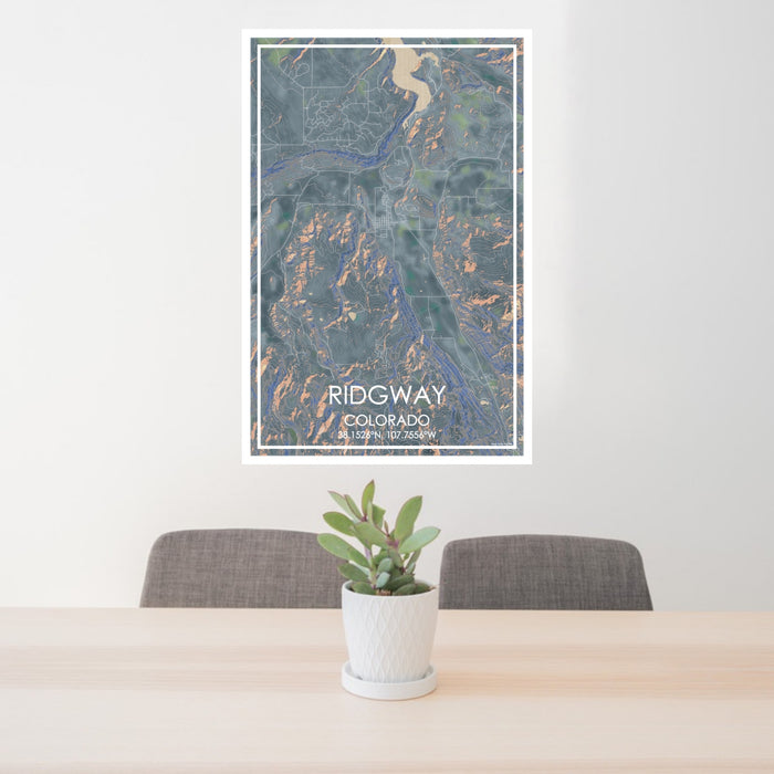 24x36 Ridgway Colorado Map Print Portrait Orientation in Afternoon Style Behind 2 Chairs Table and Potted Plant