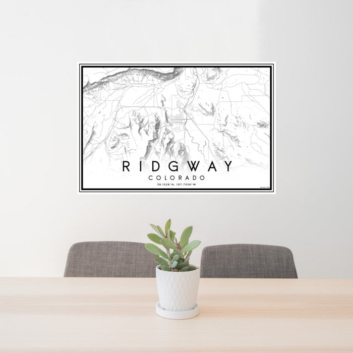 24x36 Ridgway Colorado Map Print Lanscape Orientation in Classic Style Behind 2 Chairs Table and Potted Plant