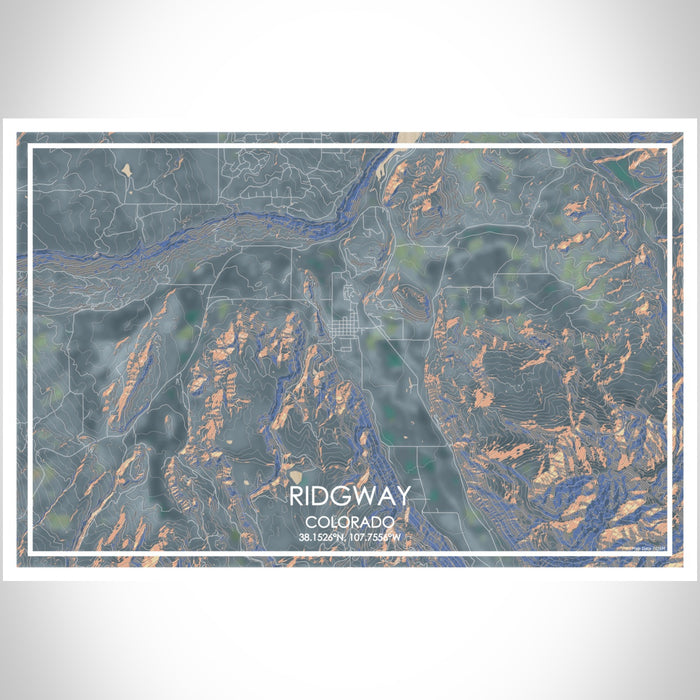 Ridgway Colorado Map Print Landscape Orientation in Afternoon Style With Shaded Background
