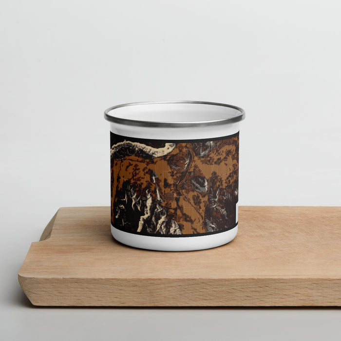 Front View Custom Ridgway Colorado Map Enamel Mug in Ember on Cutting Board