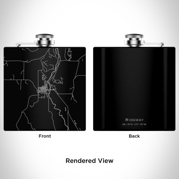 Rendered View of Ridgway Colorado Map Engraving on 6oz Stainless Steel Flask in Black