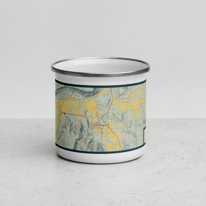 Front View Custom Ridgway Colorado Map Enamel Mug in Woodblock