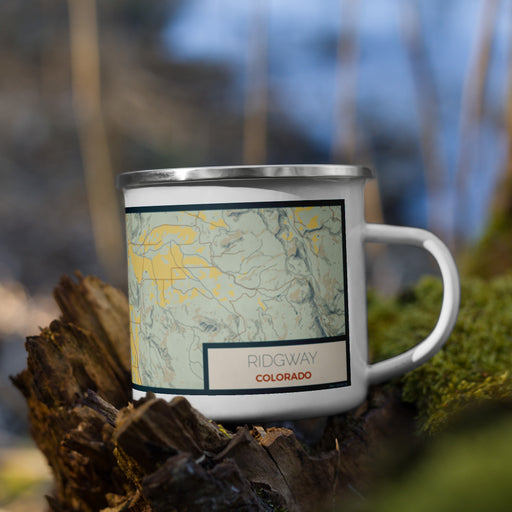 Right View Custom Ridgway Colorado Map Enamel Mug in Woodblock on Grass With Trees in Background
