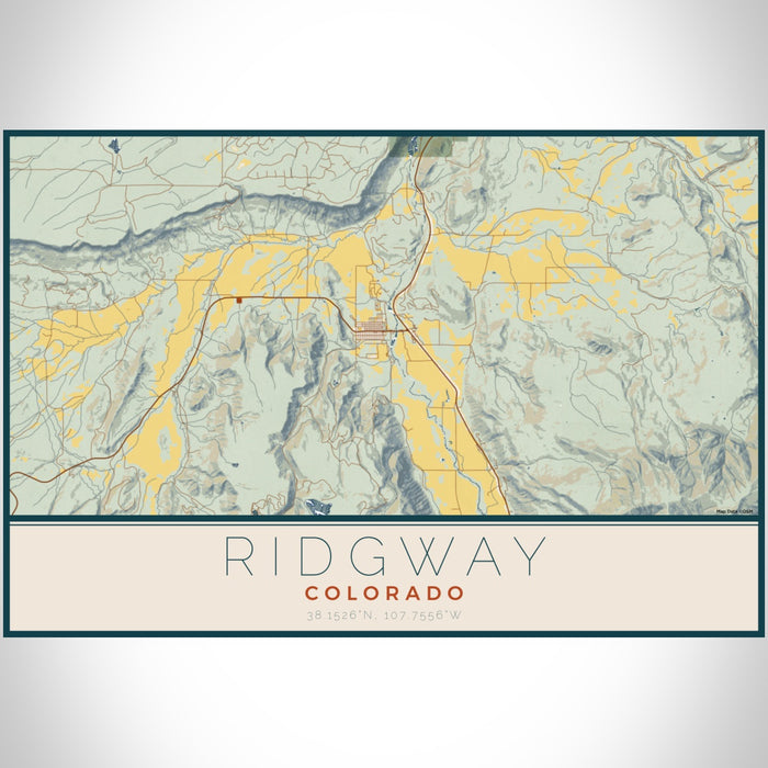 Ridgway Colorado Map Print Landscape Orientation in Woodblock Style With Shaded Background