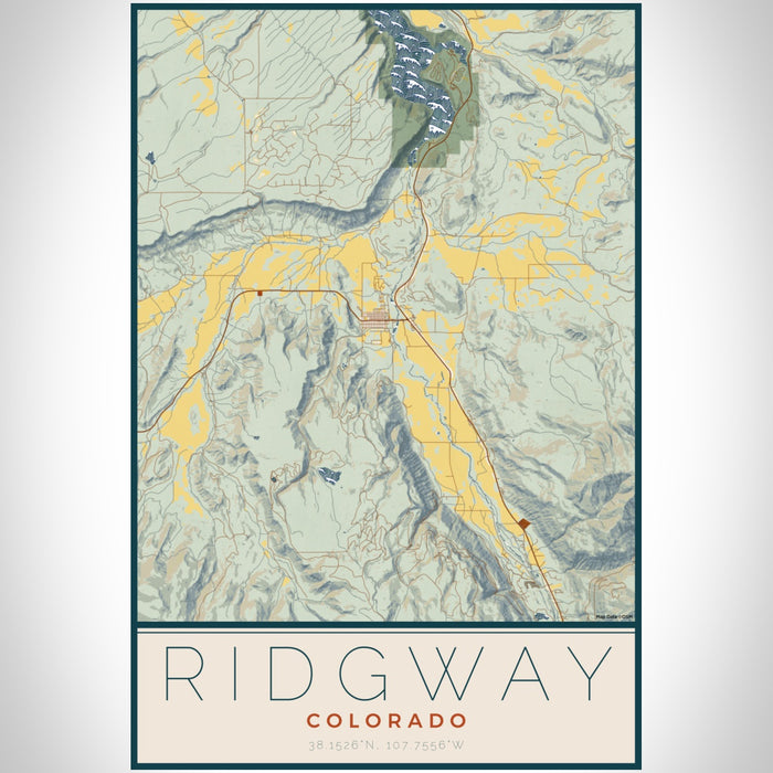 Ridgway Colorado Map Print Portrait Orientation in Woodblock Style With Shaded Background