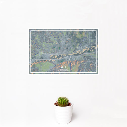 12x18 Rifle Colorado Map Print Landscape Orientation in Afternoon Style With Small Cactus Plant in White Planter