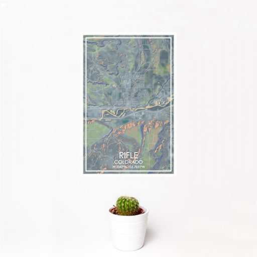 12x18 Rifle Colorado Map Print Portrait Orientation in Afternoon Style With Small Cactus Plant in White Planter