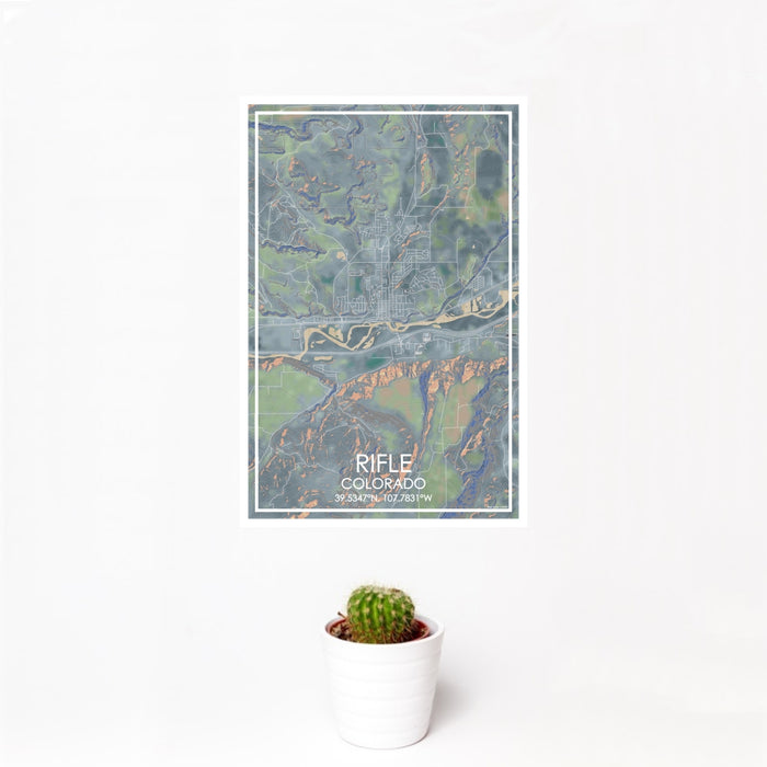 12x18 Rifle Colorado Map Print Portrait Orientation in Afternoon Style With Small Cactus Plant in White Planter
