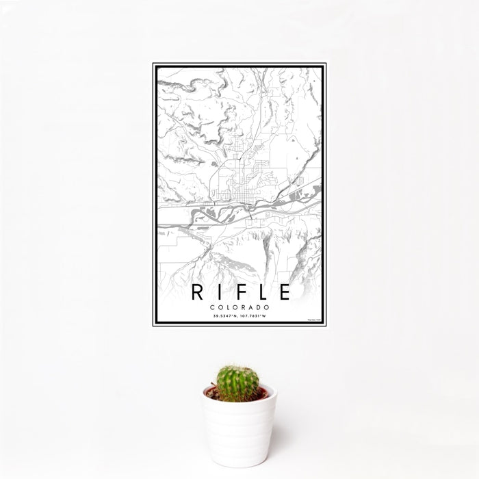 12x18 Rifle Colorado Map Print Portrait Orientation in Classic Style With Small Cactus Plant in White Planter