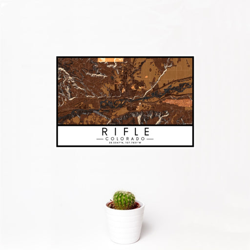 12x18 Rifle Colorado Map Print Landscape Orientation in Ember Style With Small Cactus Plant in White Planter