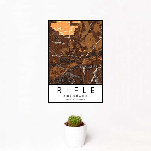 12x18 Rifle Colorado Map Print Portrait Orientation in Ember Style With Small Cactus Plant in White Planter
