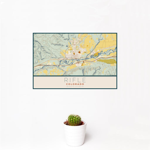 12x18 Rifle Colorado Map Print Landscape Orientation in Woodblock Style With Small Cactus Plant in White Planter