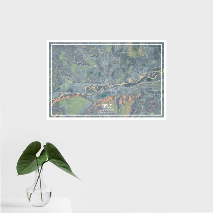 16x24 Rifle Colorado Map Print Landscape Orientation in Afternoon Style With Tropical Plant Leaves in Water