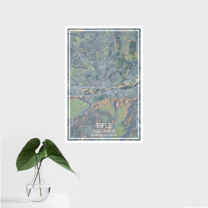 16x24 Rifle Colorado Map Print Portrait Orientation in Afternoon Style With Tropical Plant Leaves in Water
