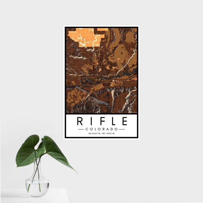16x24 Rifle Colorado Map Print Portrait Orientation in Ember Style With Tropical Plant Leaves in Water