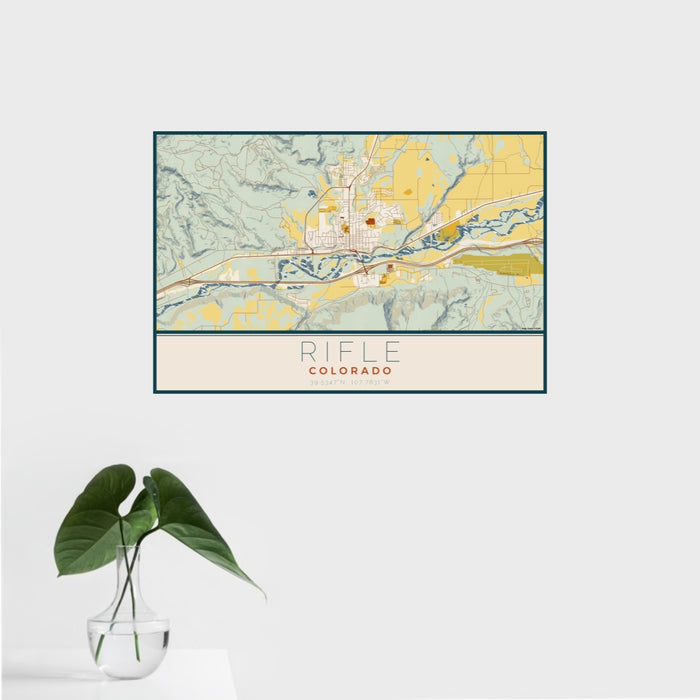 16x24 Rifle Colorado Map Print Landscape Orientation in Woodblock Style With Tropical Plant Leaves in Water