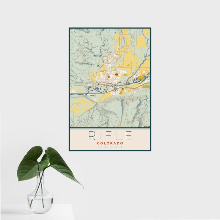 16x24 Rifle Colorado Map Print Portrait Orientation in Woodblock Style With Tropical Plant Leaves in Water