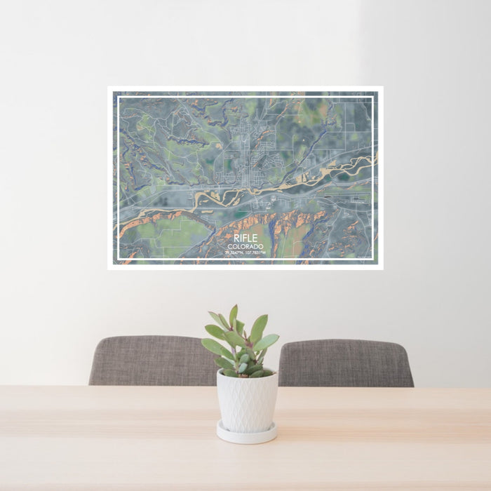 24x36 Rifle Colorado Map Print Lanscape Orientation in Afternoon Style Behind 2 Chairs Table and Potted Plant