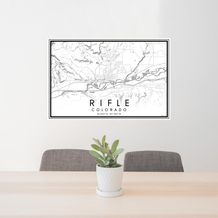 24x36 Rifle Colorado Map Print Lanscape Orientation in Classic Style Behind 2 Chairs Table and Potted Plant