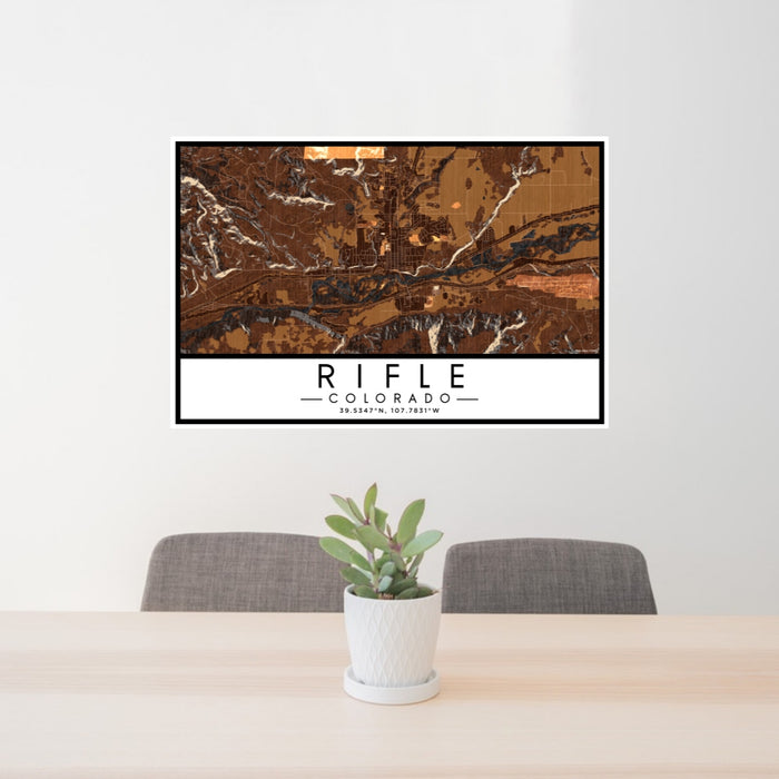 24x36 Rifle Colorado Map Print Lanscape Orientation in Ember Style Behind 2 Chairs Table and Potted Plant