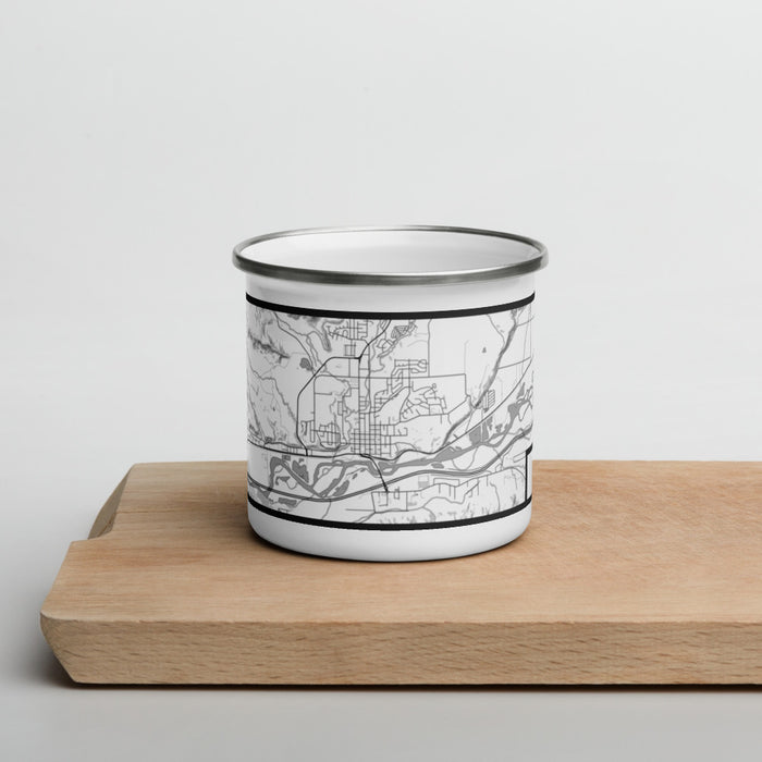 Front View Custom Rifle Colorado Map Enamel Mug in Classic on Cutting Board