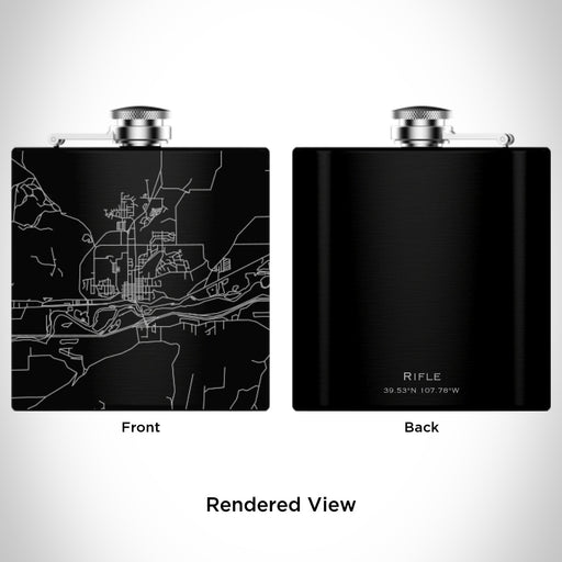Rendered View of Rifle Colorado Map Engraving on 6oz Stainless Steel Flask in Black
