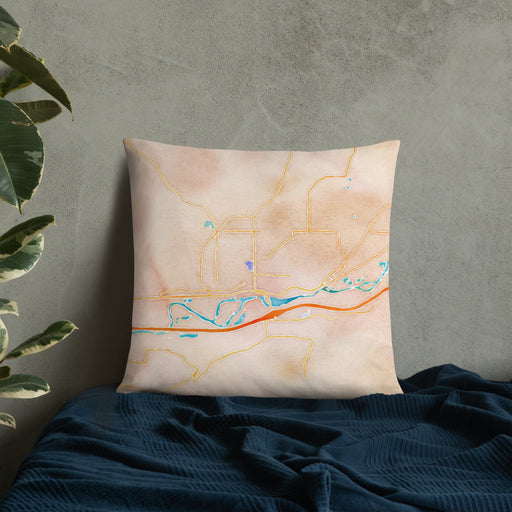 Custom Rifle Colorado Map Throw Pillow in Watercolor on Bedding Against Wall