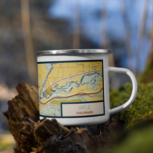 Right View Custom Rifle Colorado Map Enamel Mug in Woodblock on Grass With Trees in Background