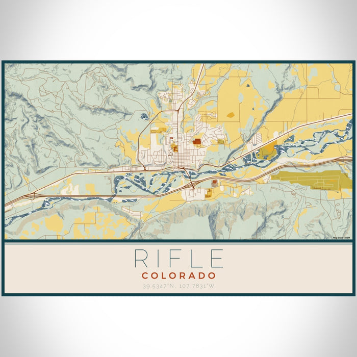 Rifle Colorado Map Print Landscape Orientation in Woodblock Style With Shaded Background