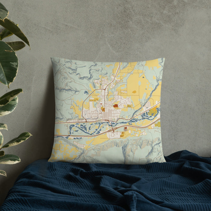 Custom Rifle Colorado Map Throw Pillow in Woodblock on Bedding Against Wall