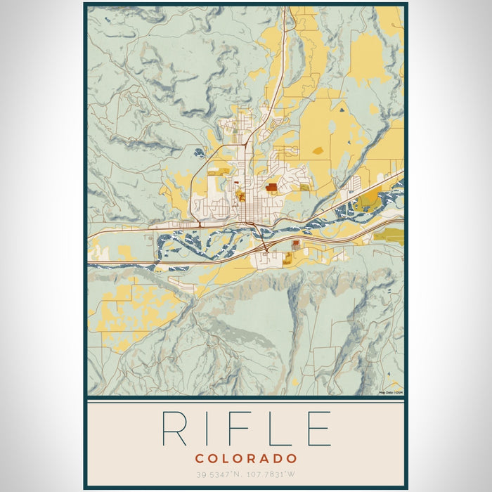Rifle Colorado Map Print Portrait Orientation in Woodblock Style With Shaded Background