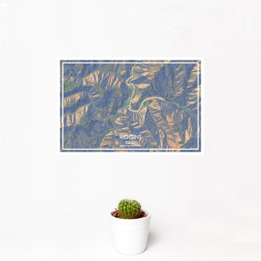 12x18 Riggins Idaho Map Print Landscape Orientation in Afternoon Style With Small Cactus Plant in White Planter