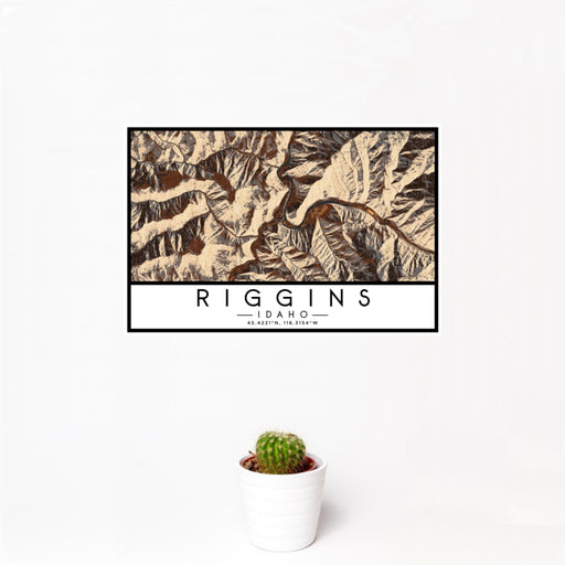 12x18 Riggins Idaho Map Print Landscape Orientation in Ember Style With Small Cactus Plant in White Planter