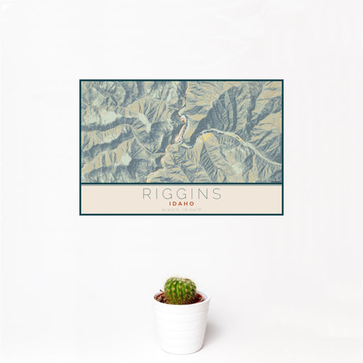 12x18 Riggins Idaho Map Print Landscape Orientation in Woodblock Style With Small Cactus Plant in White Planter