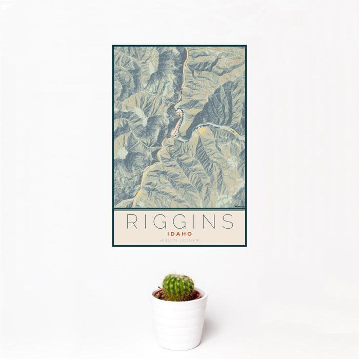 12x18 Riggins Idaho Map Print Portrait Orientation in Woodblock Style With Small Cactus Plant in White Planter