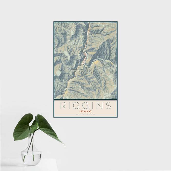 16x24 Riggins Idaho Map Print Portrait Orientation in Woodblock Style With Tropical Plant Leaves in Water