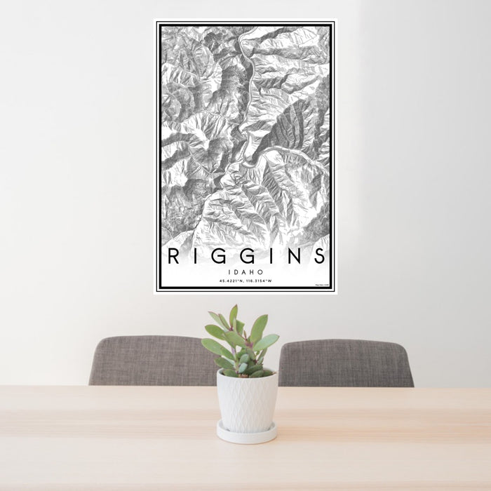 24x36 Riggins Idaho Map Print Portrait Orientation in Classic Style Behind 2 Chairs Table and Potted Plant