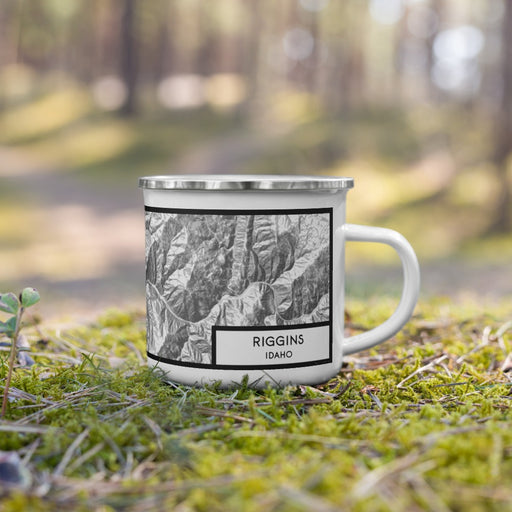 Right View Custom Riggins Idaho Map Enamel Mug in Classic on Grass With Trees in Background