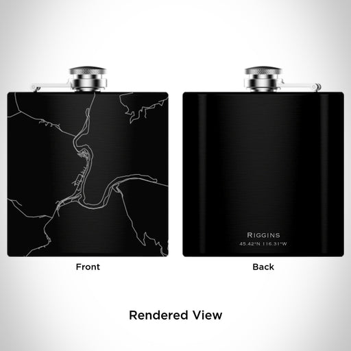 Rendered View of Riggins Idaho Map Engraving on 6oz Stainless Steel Flask in Black