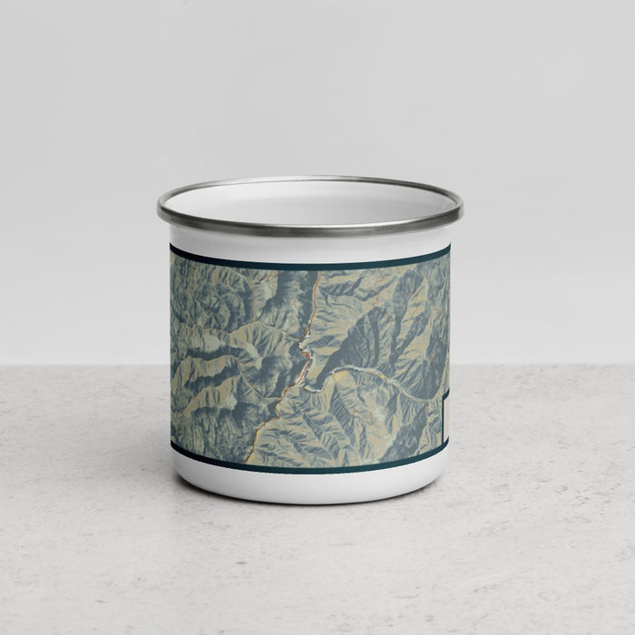 Front View Custom Riggins Idaho Map Enamel Mug in Woodblock