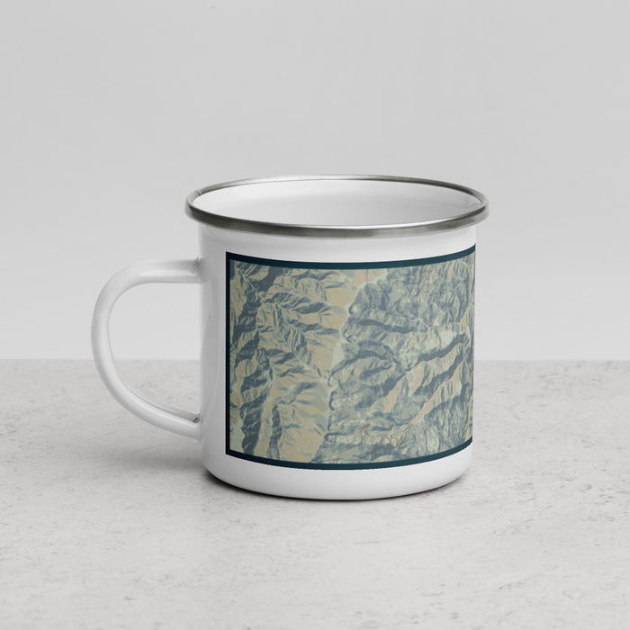 Left View Custom Riggins Idaho Map Enamel Mug in Woodblock