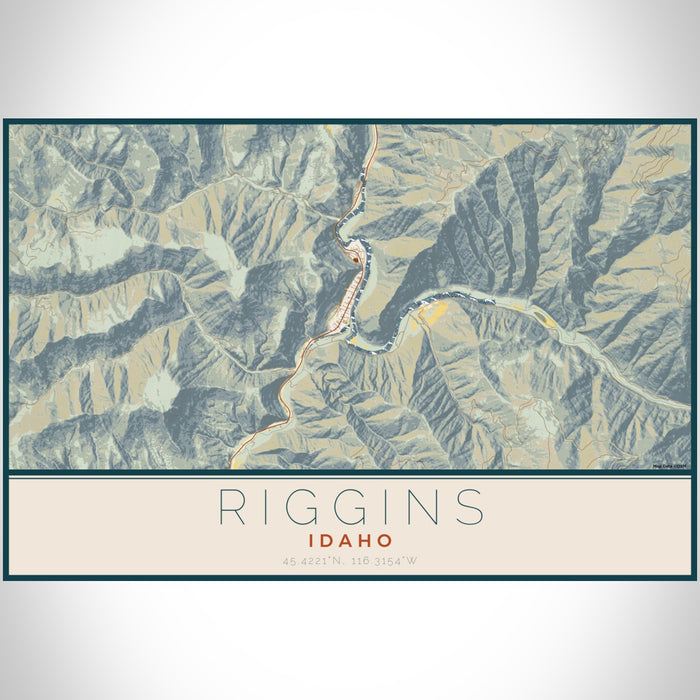 Riggins Idaho Map Print Landscape Orientation in Woodblock Style With Shaded Background
