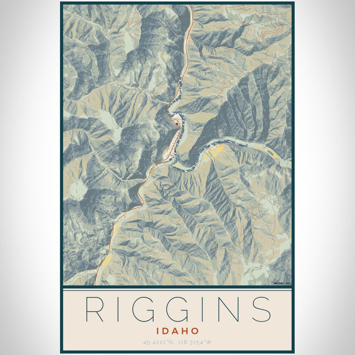 Riggins Idaho Map Print Portrait Orientation in Woodblock Style With Shaded Background