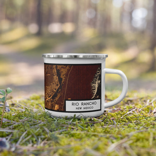 Right View Custom Rio Rancho New Mexico Map Enamel Mug in Ember on Grass With Trees in Background