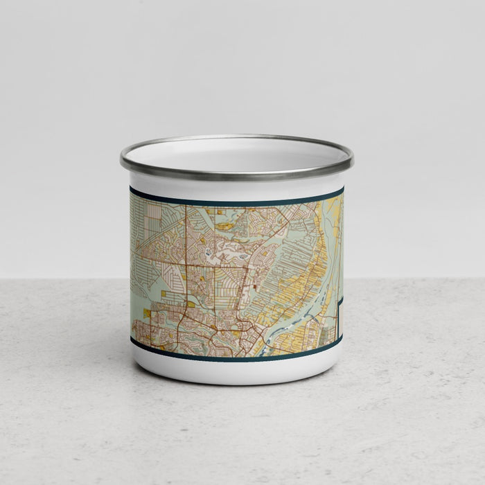 Front View Custom Rio Rancho New Mexico Map Enamel Mug in Woodblock