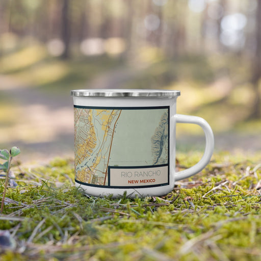 Right View Custom Rio Rancho New Mexico Map Enamel Mug in Woodblock on Grass With Trees in Background