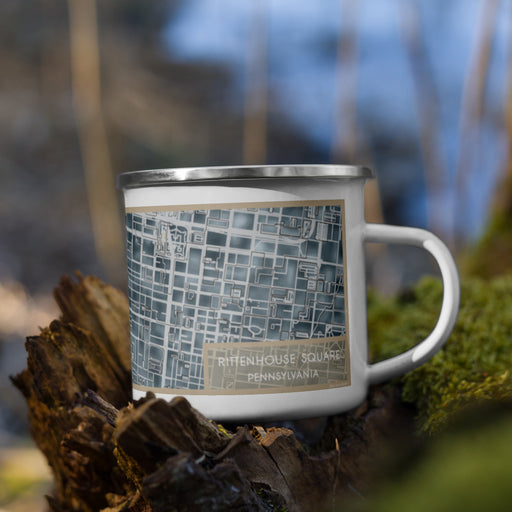 Right View Custom Rittenhouse Square Pennsylvania Map Enamel Mug in Afternoon on Grass With Trees in Background