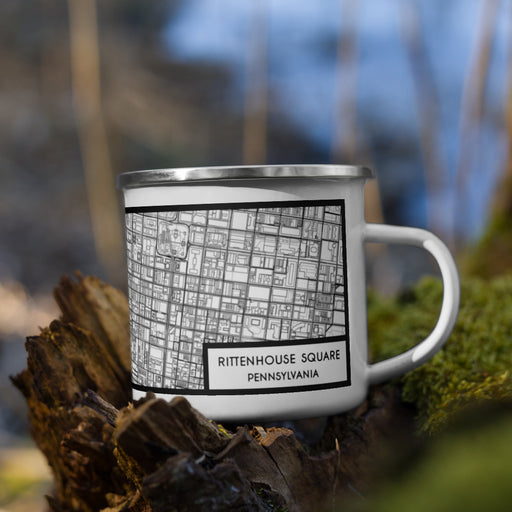 Right View Custom Rittenhouse Square Pennsylvania Map Enamel Mug in Classic on Grass With Trees in Background