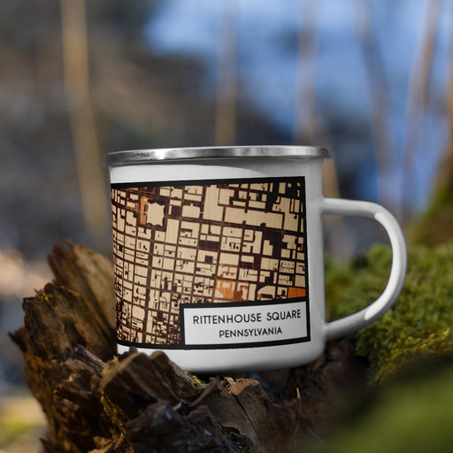 Right View Custom Rittenhouse Square Pennsylvania Map Enamel Mug in Ember on Grass With Trees in Background